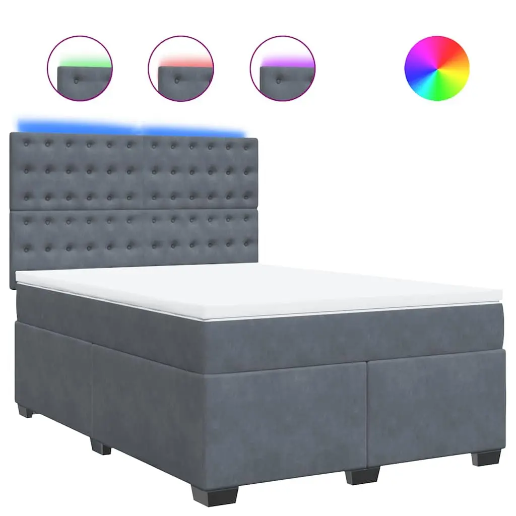 Queen Box Spring Bed Velvet Dark Grey Pocket Spring Mattress Adjustable LED Lights