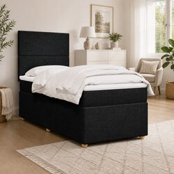 King Single Box Spring Bed with Pocket Mattress LED Lights Black Fabric