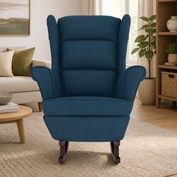 Blue Velvet Wingback Rocking Chair with Solid Wood Legs