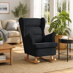 Stylish Black Velvet Wingback Rocking Chair with Wood Legs