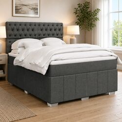 Grey Queen Box Spring Bed with Adjustable Headboard and LED Lights