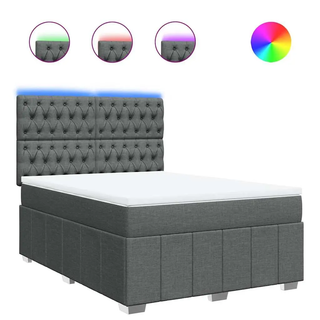 Grey Queen Box Spring Bed with Adjustable Headboard and LED Lights