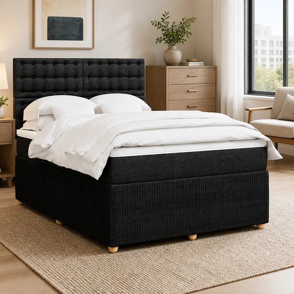 Double Box Spring Bed Pocket Sprung Mattress Black Fabric Double Size