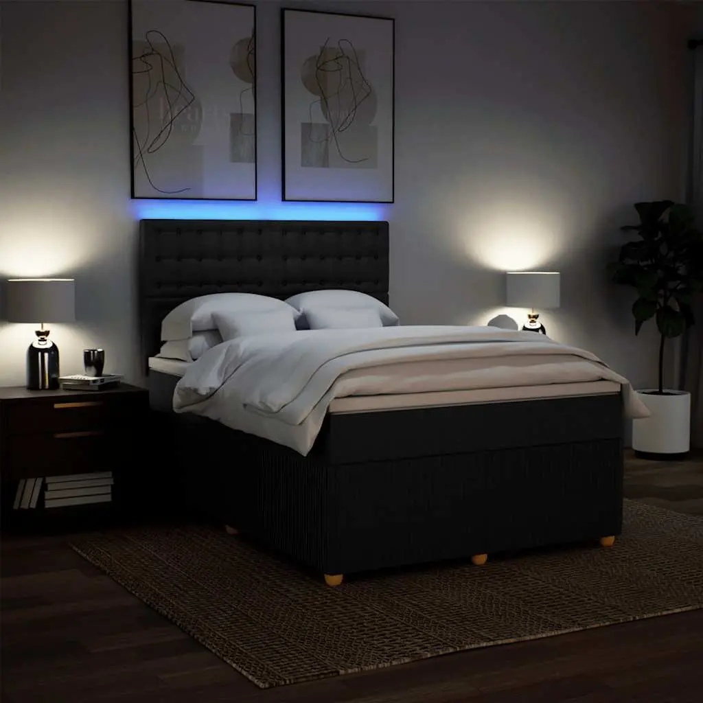 Double Box Spring Bed Pocket Sprung Mattress Black Fabric Double Size