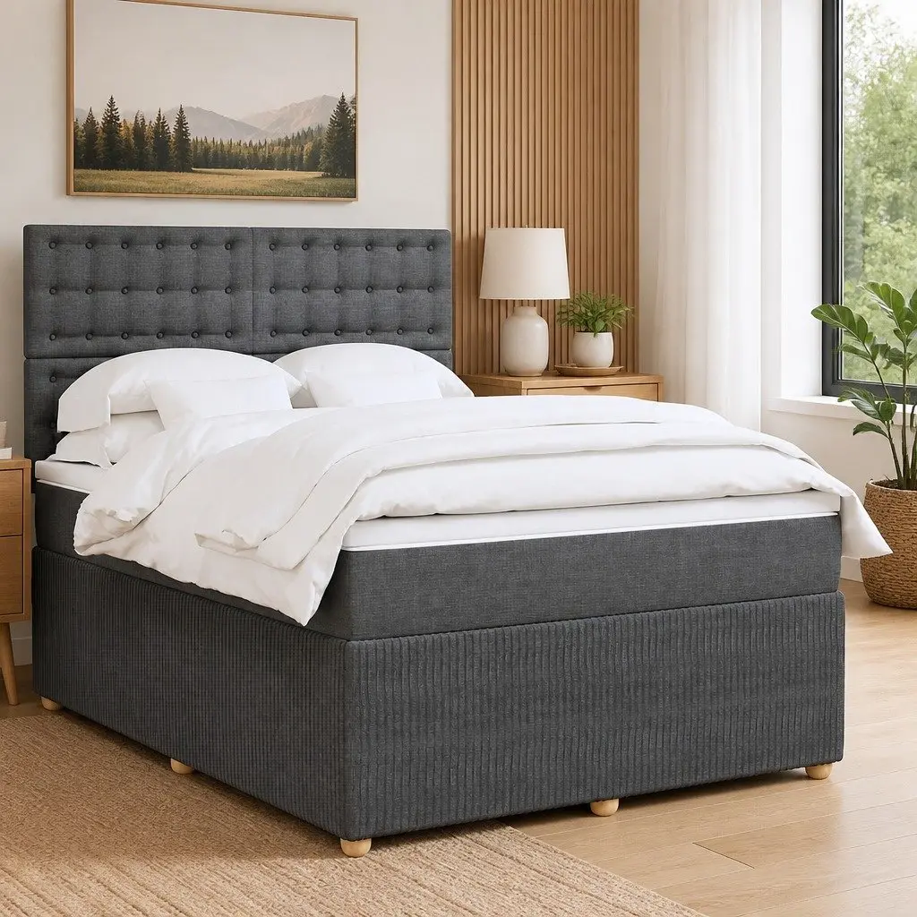 Queen Box Spring Bed Pocket Spring Mattress Grey Fabric with LED Lights