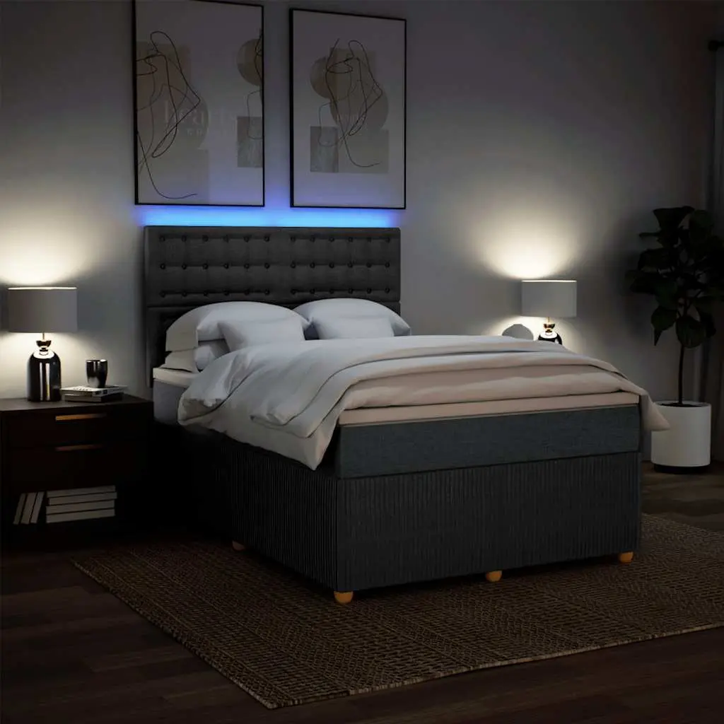 Queen Box Spring Bed Pocket Spring Mattress Grey Fabric with LED Lights