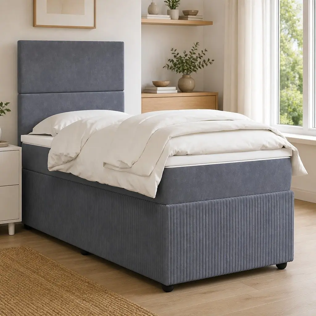 Box Spring Bed Velvet King Single Grey with Pocket Mattress LED Headboard