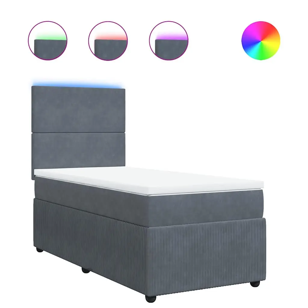 Box Spring Bed Velvet King Single Grey with Pocket Mattress LED Headboard