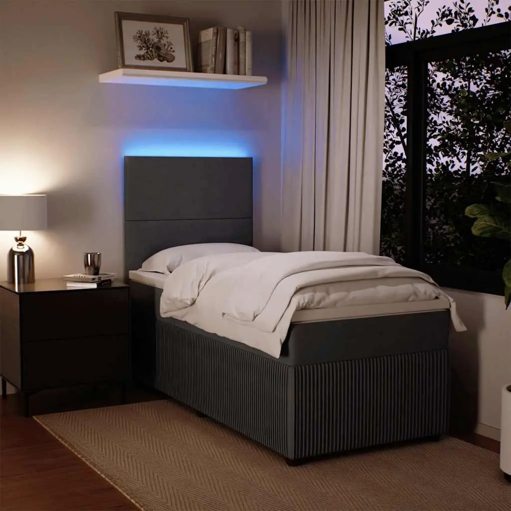 Box Spring Bed Velvet King Single Grey with Pocket Mattress LED Headboard