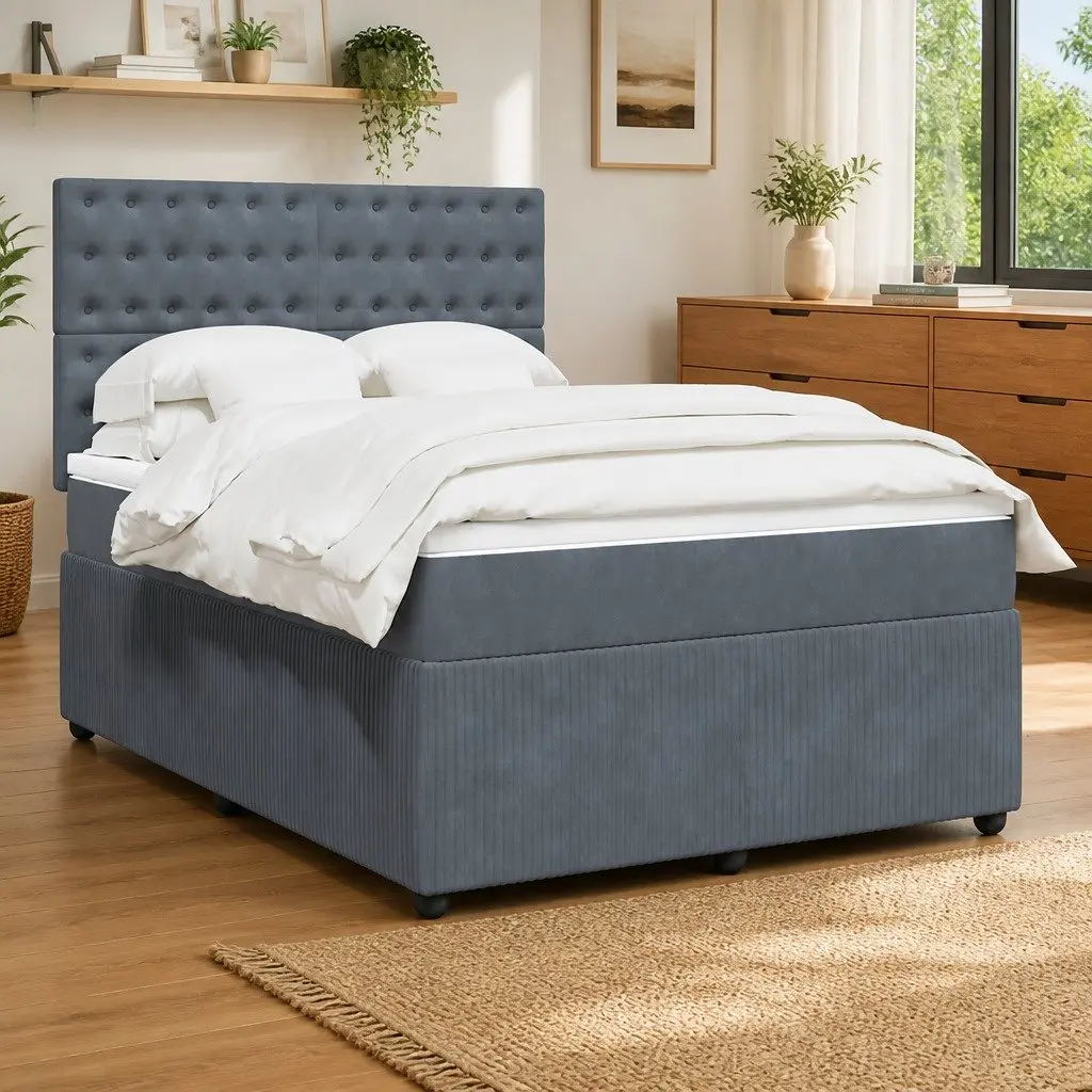 Grey Velvet Double Box Spring Bed with LED Lights