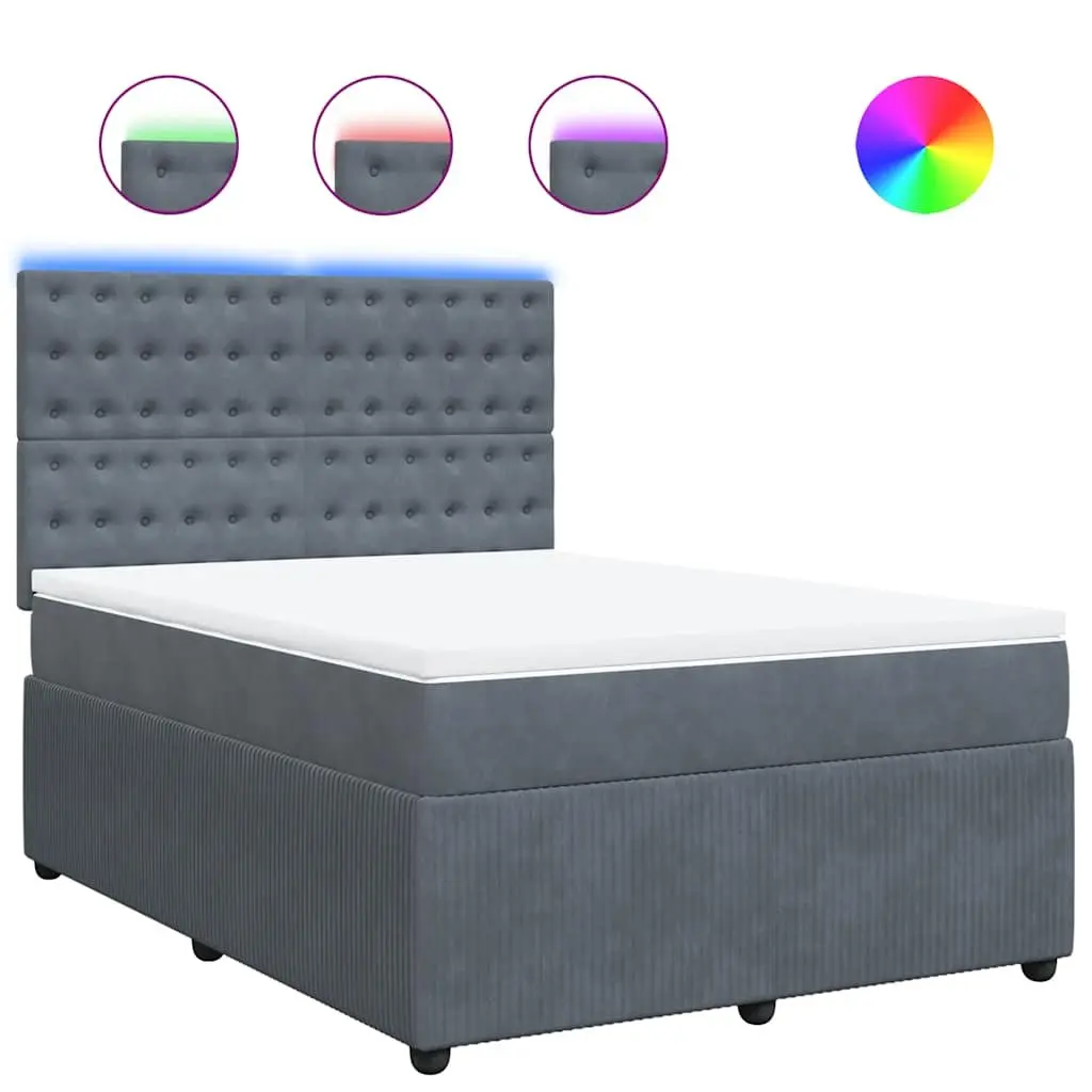Grey Velvet Double Box Spring Bed with LED Lights