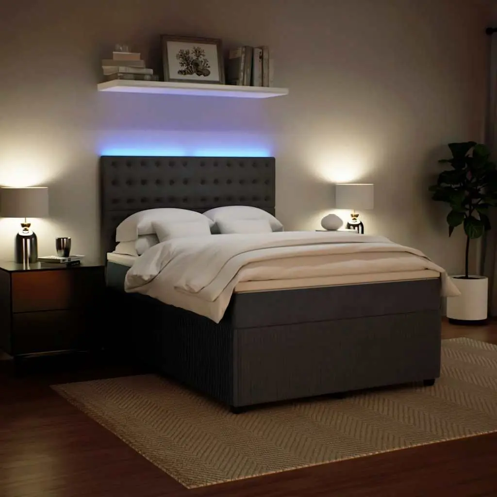 Grey Velvet Double Box Spring Bed with LED Lights