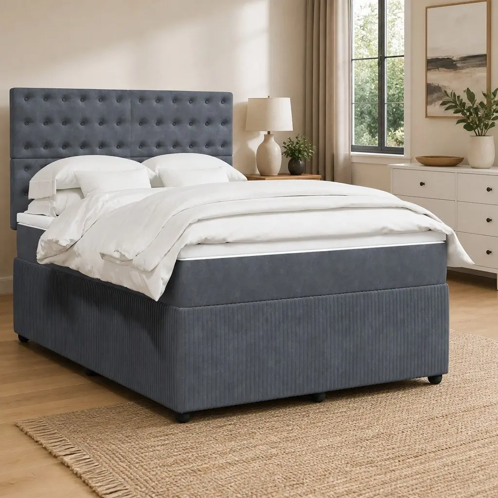 Queen Box Spring Bed Frame Velvet Dark Grey with Pocket Spring Mattress and Mattress Topper