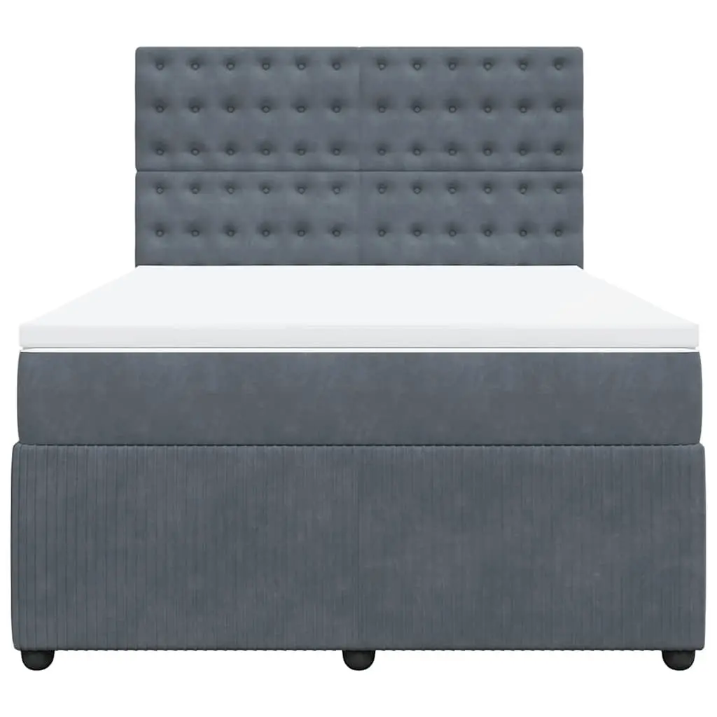 Queen Box Spring Bed Frame Velvet Dark Grey with Pocket Spring Mattress and Mattress Topper