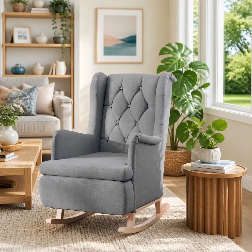 Rocking Leg Armchair in Grey Fabric with Padded Foam