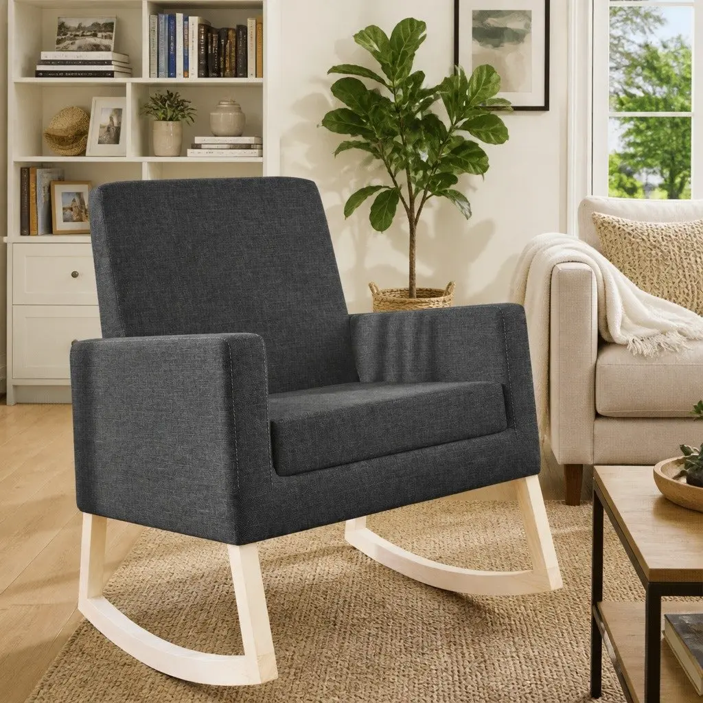 Grey Upholstered Rocking Chair with Wooden Frame