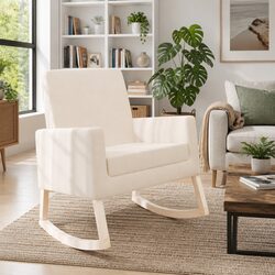 Cream Upholstered Rocking Chair with Sturdy Wooden Frame