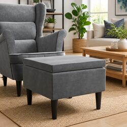 Stylish Dark Grey Velvet Stool with Sturdy Wooden Legs