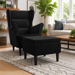 Stylish Black Velvet Stool with Sturdy Wooden Legs