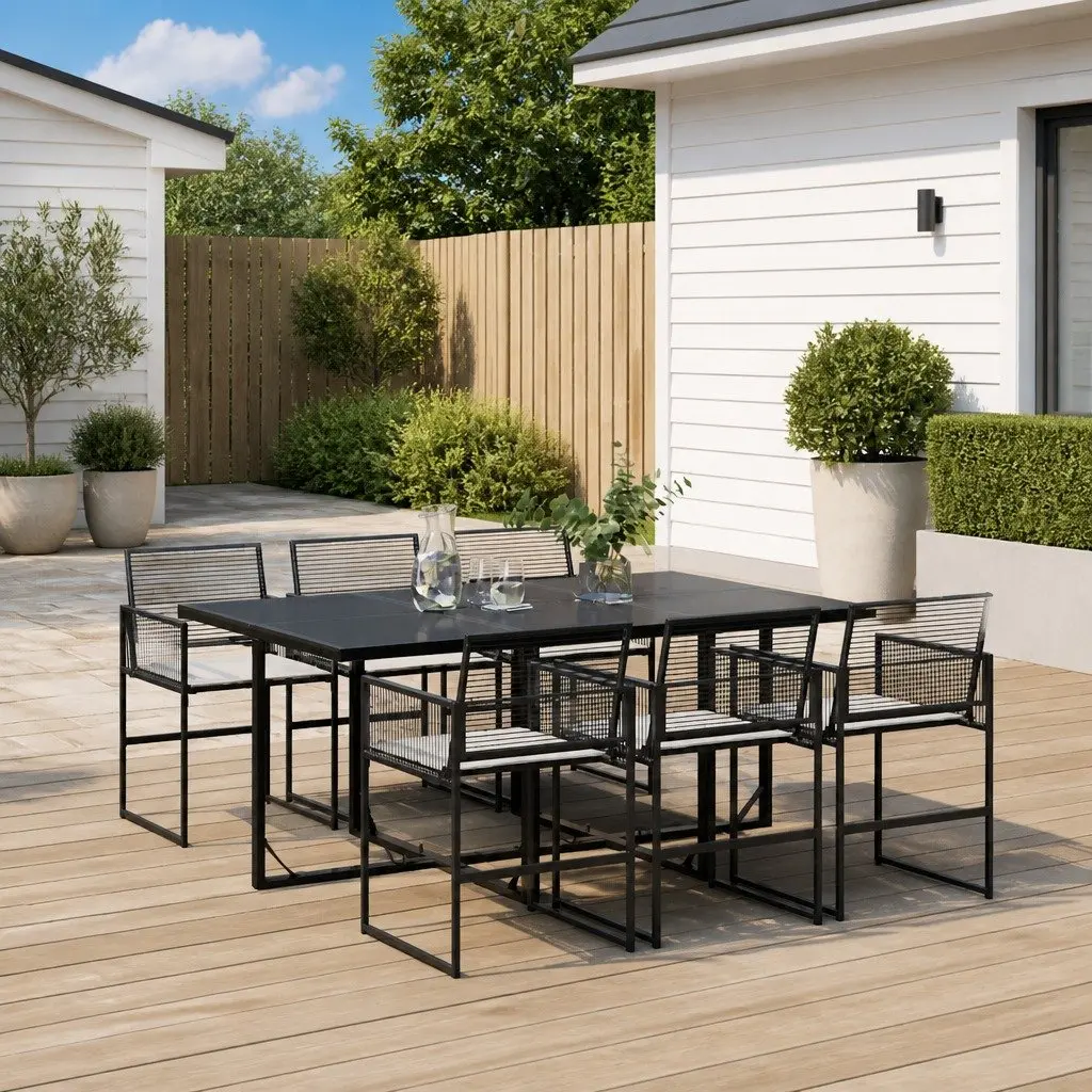 Garden Dining Set PE Rattan 7 Piece Black Outdoor Furniture with Cushions