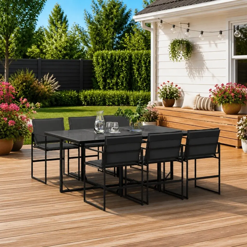 7 Piece Outdoor Dining Set with Black Textilene Chairs