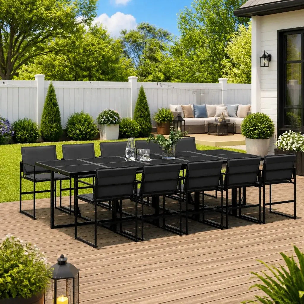 11 Piece Black Garden Dining Set with Textilene