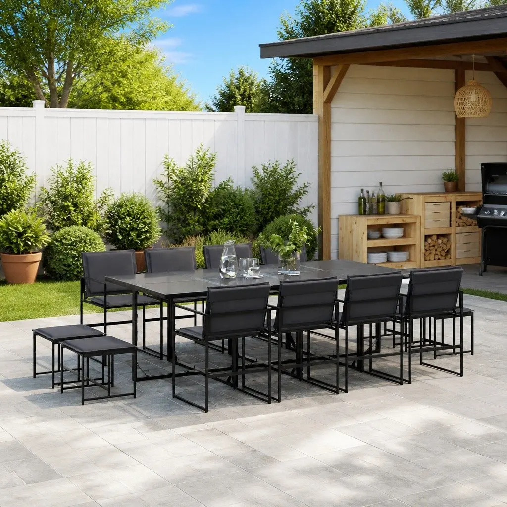 Garden Dining Set 13 Piece Outdoor Furniture Textilene Fabric Black Steel Frame