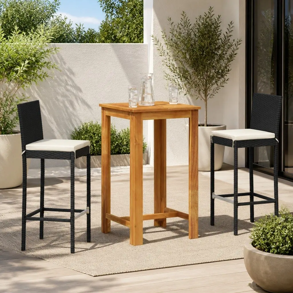 3 Piece Garden Bar Set Poly Rattan Acacia Wood Table Stools Black