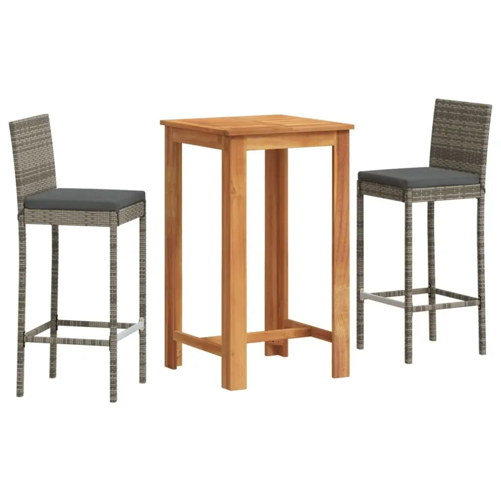 3 Piece Garden Bar Set Acacia Wood Poly Rattan Grey Outdoor Bar Table and Stools