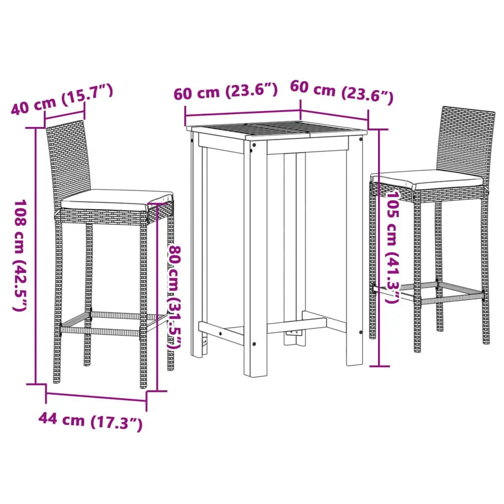 3 Piece Garden Bar Set Acacia Wood Poly Rattan Grey Outdoor Bar Table and Stools