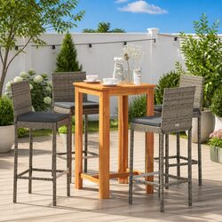 Premium 5 Piece Grey Rattan Garden Bar Set with Acacia Table