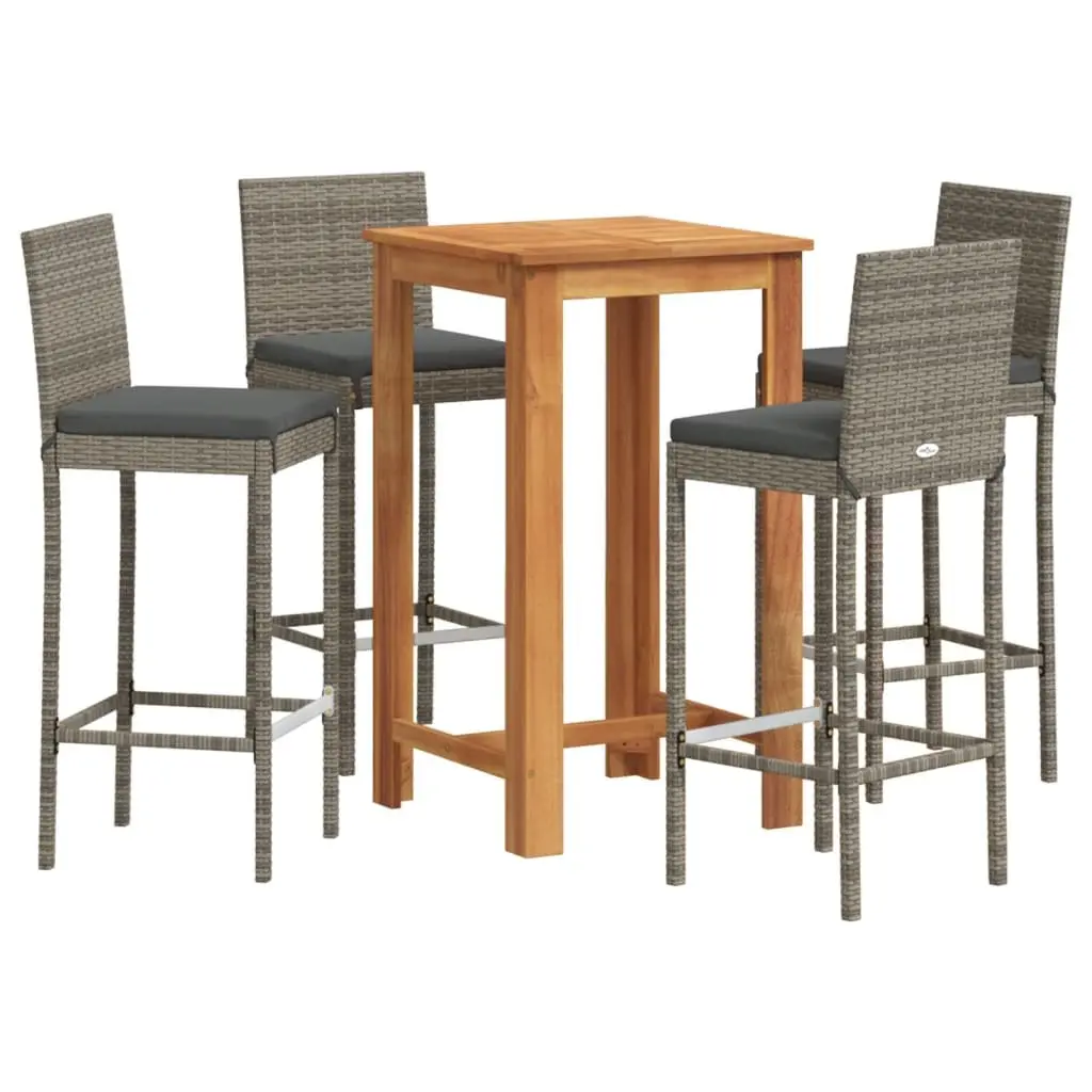 Garden Bar Set Acacia Wood PE Rattan 5 Piece Grey Outdoor Dining