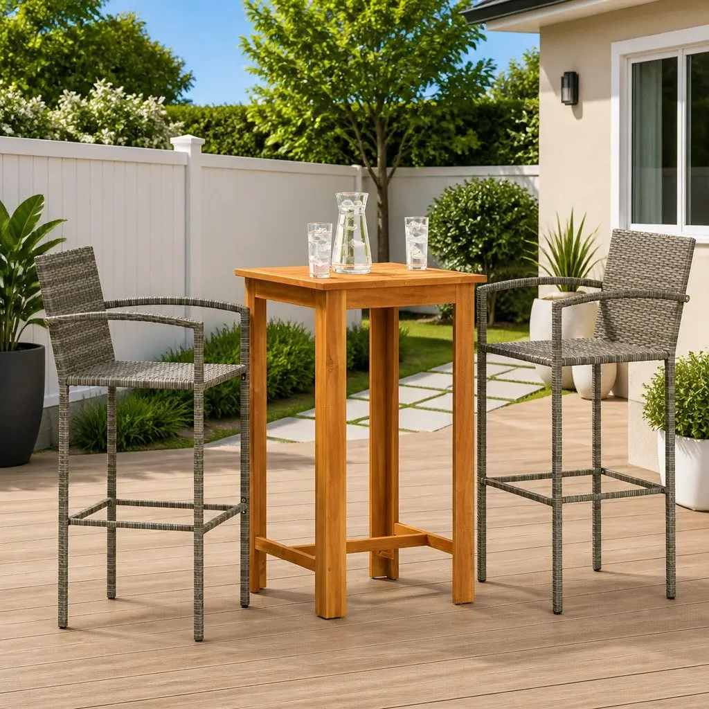 Garden Bar Set 3 Piece Outdoor Bar Table and Stools Acacia Wood and Poly Rattan