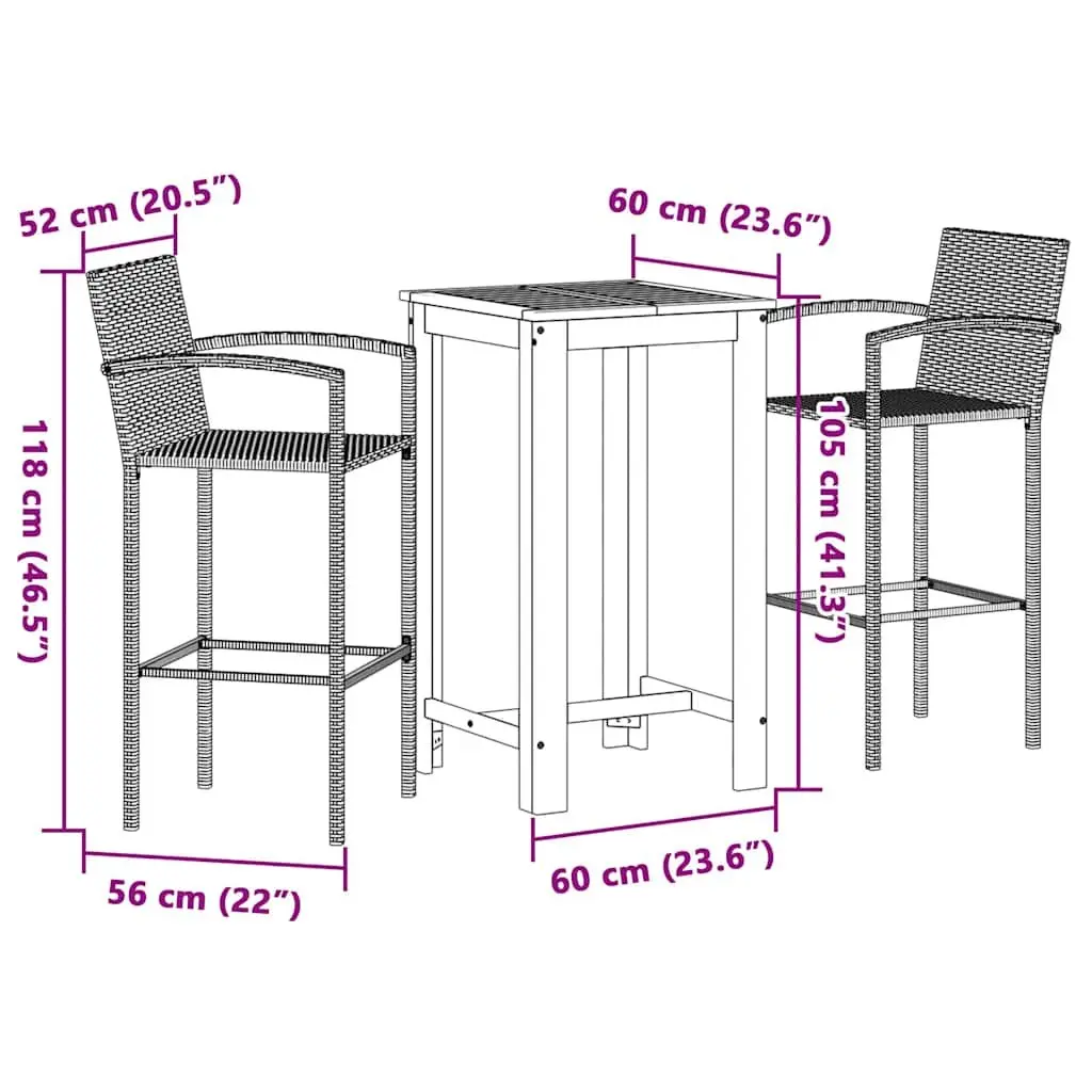 Garden Bar Set 3 Piece Outdoor Bar Table and Stools Acacia Wood and Poly Rattan