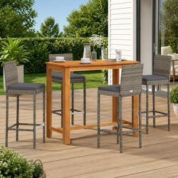 Grey PE Rattan Garden Bar Set - 5 Pieces with Acacia Wood