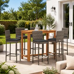 Durable 7 Piece Garden Bar Set Grey PE Rattan Acacia Wood