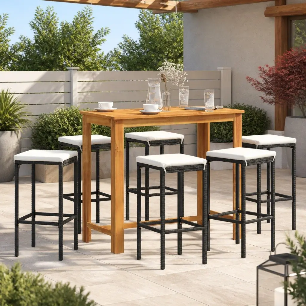 Garden Bar Set Poly Rattan Acacia Wood 7 Piece Black