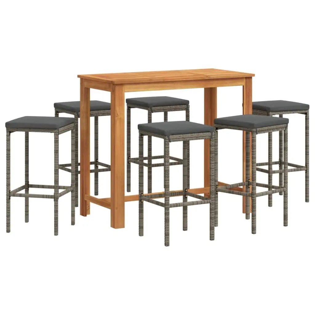 7 Piece Garden Bar Set PE Poly Rattan Grey Acacia Wood Outdoor Furniture