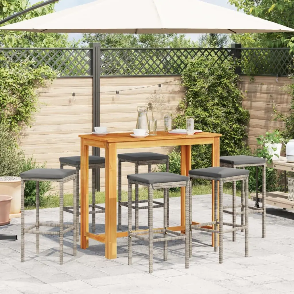 7 Piece Garden Bar Set PE Poly Rattan Grey Acacia Wood Outdoor Furniture