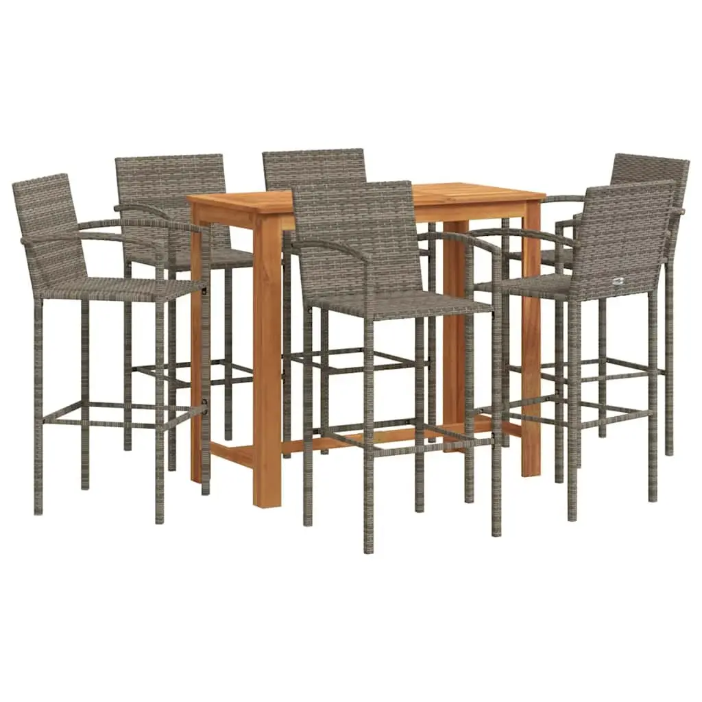 Garden Bar Set Acacia Wood Poly Rattan 7 Piece Grey Outdoor Bar Table and Stools