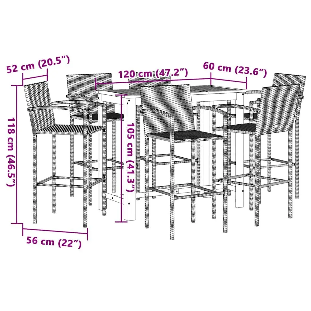 Garden Bar Set Acacia Wood Poly Rattan 7 Piece Grey Outdoor Bar Table and Stools