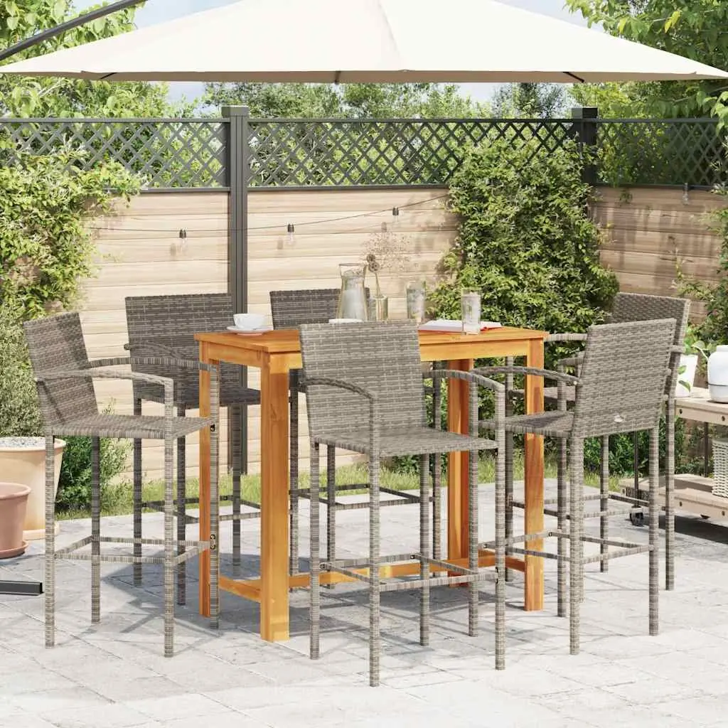 Garden Bar Set Acacia Wood Poly Rattan 7 Piece Grey Outdoor Bar Table and Stools
