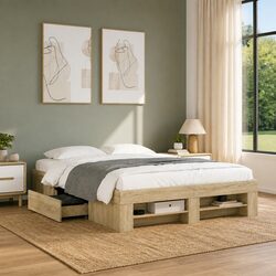Bed Frame 135x190 cm Brown Engineered Wood Slatted Base Storage Drawers