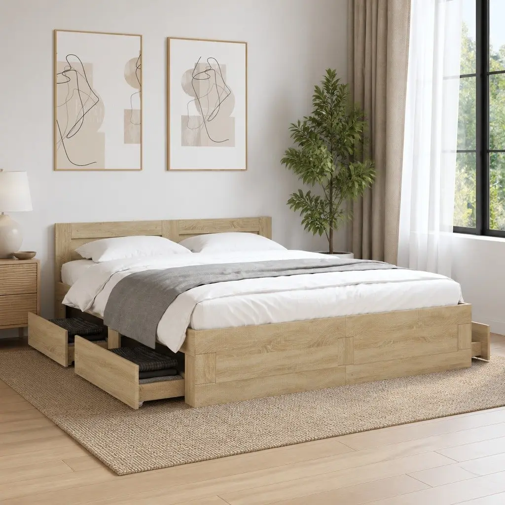 Bed Frame Engineered Wood 150x200 cm Sonoma Oak with Headboard Slatted Base Storage Drawers
