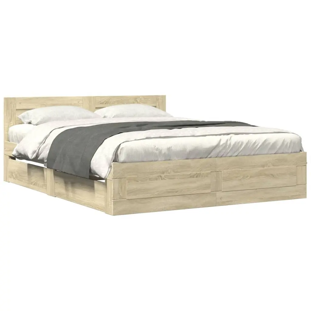 Bed Frame Engineered Wood 150x200 cm Sonoma Oak with Headboard Slatted Base Storage Drawers