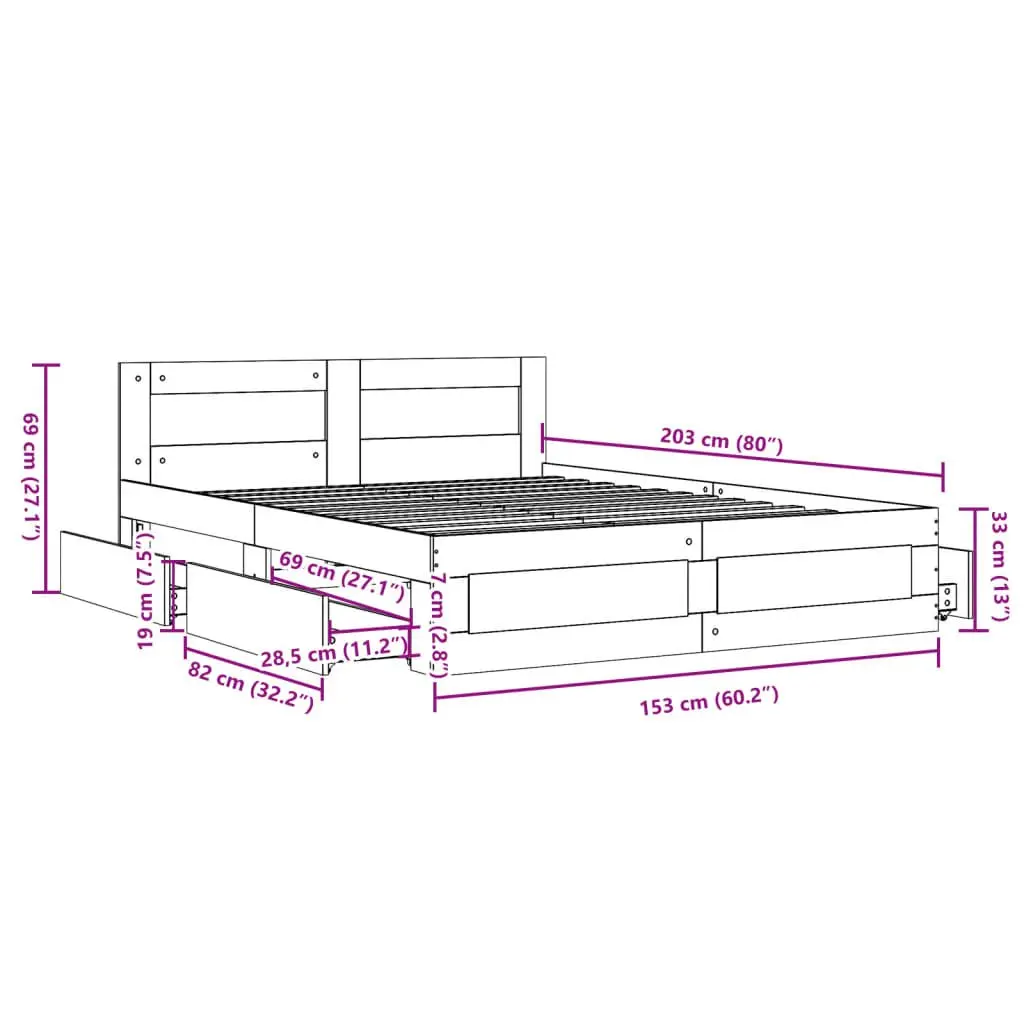 Bed Frame Engineered Wood 150x200 cm Sonoma Oak with Headboard Slatted Base Storage Drawers