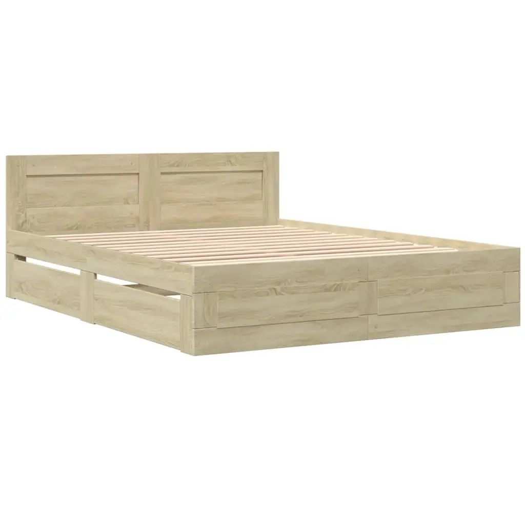 Bed Frame Engineered Wood 150x200 cm Sonoma Oak with Headboard Slatted Base Storage Drawers