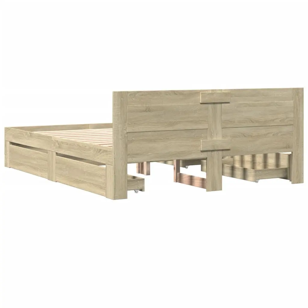 Bed Frame Engineered Wood 150x200 cm Sonoma Oak with Headboard Slatted Base Storage Drawers