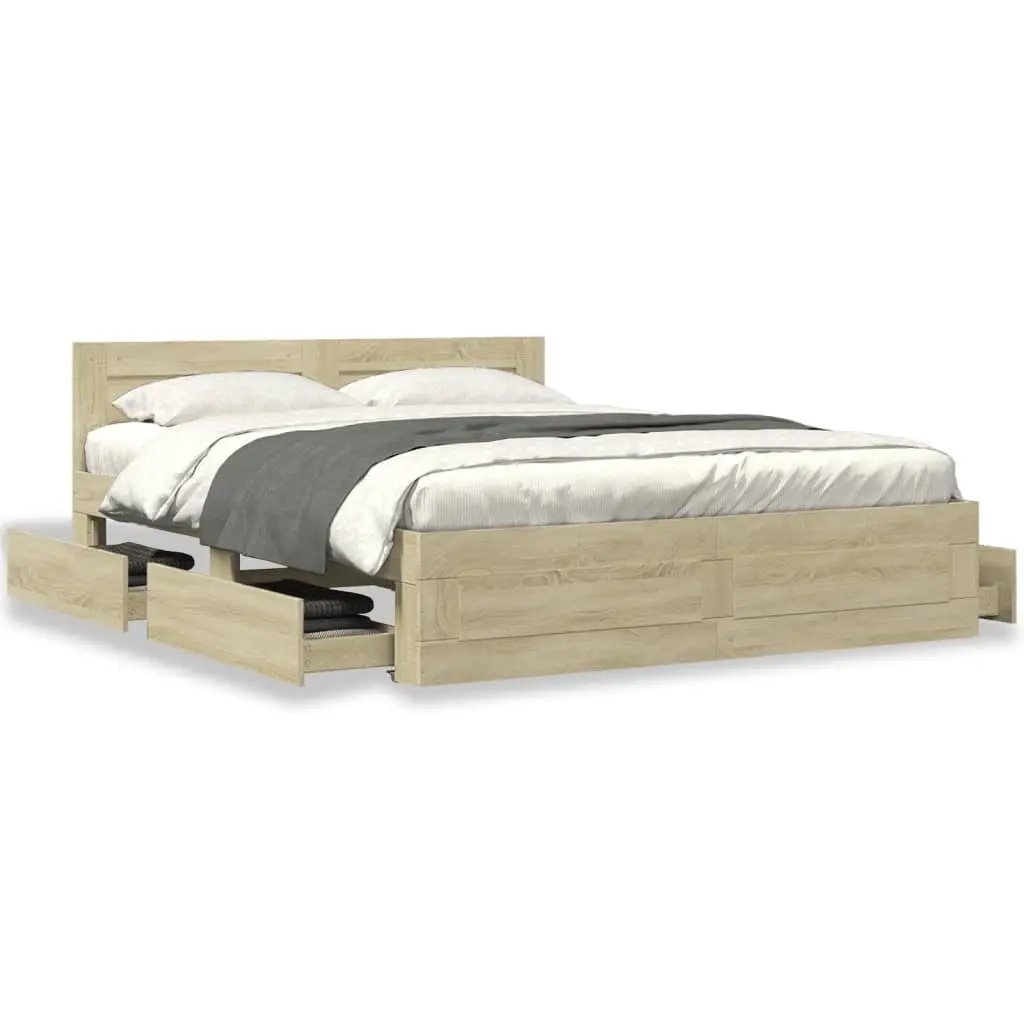 Bed Frame Engineered Wood 150x200 cm Sonoma Oak with Headboard Slatted Base Storage Drawers