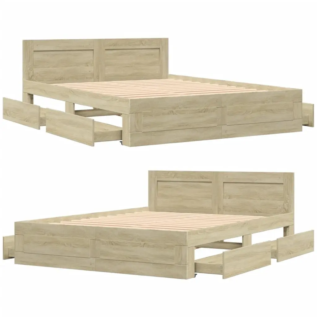 Bed Frame Engineered Wood 150x200 cm Sonoma Oak with Headboard Slatted Base Storage Drawers
